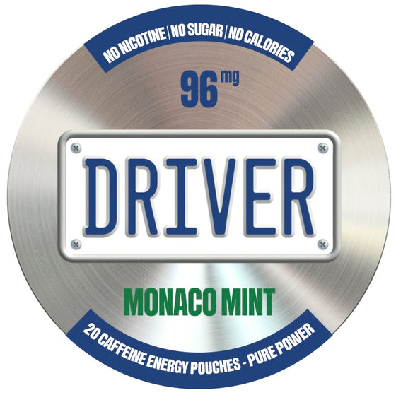 Driver Monaco Mint caffeine pouch tin, 96mg caffeine, no nicotine, no sugar, no calories